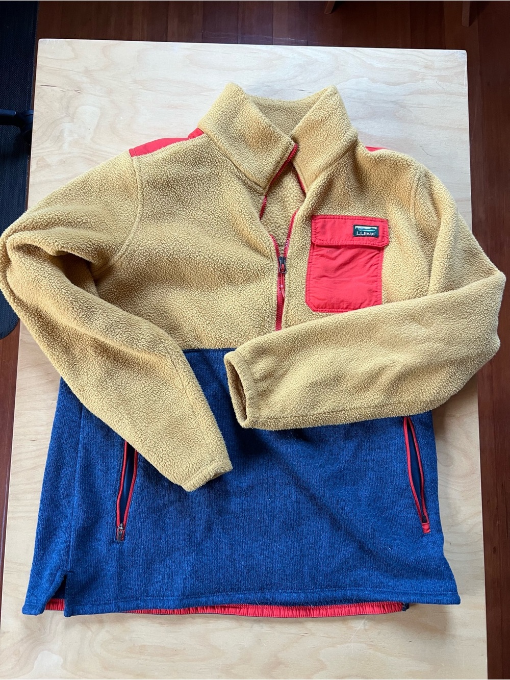 L.L. Bean Cozy Colorblock Fleece Pullover - Tan, Navy & Red